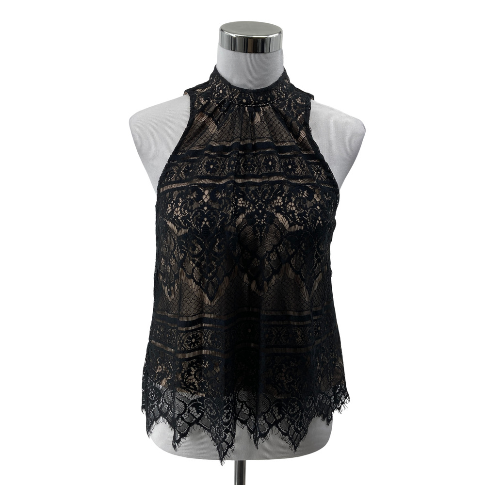 LC Lauren Conrad Small Black Lace Halter Top Sheer Nude Lining Sleeveless